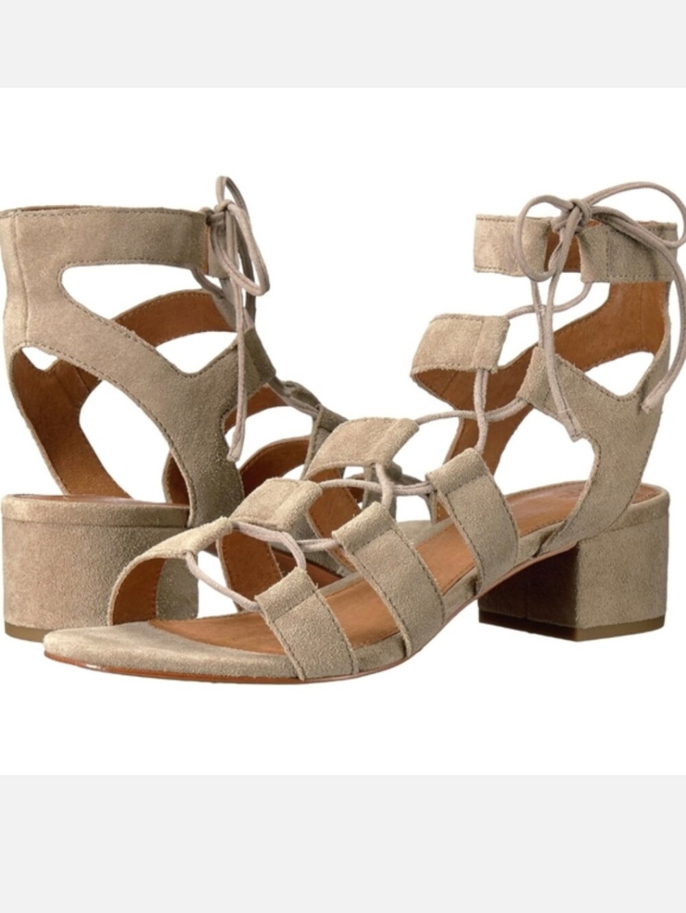 Frye Taupe Suede Lace-Up Block Heel Sandals Chrissy
